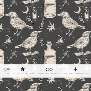 May include: A seamless pattern featuring off-white line art illustrations of crows, glass bottles, crescent moons, and botanical elements on a dark charcoal background. The image includes text: 300 DPI, COMMERCIAL USE, SEAMLESS REPEAT, INSTANT DOWNLOAD.