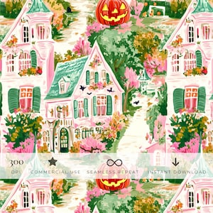 May include: A seamless digital pattern featuring white houses with green shutters, pink accents, and lush greenery. The design includes orange jack-o'-lanterns and small black bats. Text at the bottom reads 300 DPI, COMMERCIAL USE, SEAMLESS REPEAT, INSTANT DOWNLOAD.