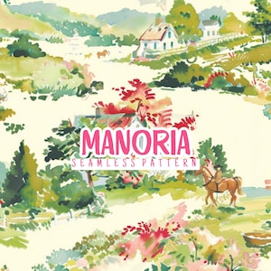 May include: A watercolor seamless pattern featuring a rural landscape with houses, green trees, and a person riding a brown horse. The text MANORIA SEAMLESS PATTERN is centered in pink and white letters over the illustrated countryside scene.