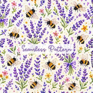 May include: A seamless pattern featuring watercolour illustrations of bumblebees, purple lavender sprigs, and small pink and yellow flowers on a cream background. The text Seamless Pattern is centred in a white rectangular overlay.