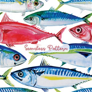 May include: A seamless pattern featuring a watercolor illustration of various fish in shades of blue, green, and red. The fish are arranged in a repeating design across a white background. The text Seamless Pattern is centered in red script.