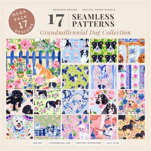 Pode incluir: Um pacote de papel digital com 17 padrões sem costura da coleção Grandmillennial Dog. Os designs exibem várias raças de cães, arranjos florais, cercas azuis e motivos xadrez em um estilo ilustrado e colorido para uso criativo.