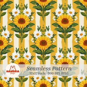 Sonnenblume Gänseblümchen Botanische Streifen Musterdesign, Gelbe Blumen Digital Papier, Sommer Sofort Download