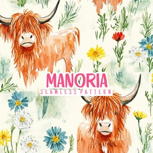 May include: A seamless pattern featuring watercolor illustrations of orange Highland cattle with long horns, interspersed with yellow, blue, and white wildflowers on a cream background. The text MANORIA SEAMLESS PATTERN is centered.