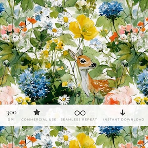 May include: A seamless digital pattern featuring a watercolor illustration of a fawn surrounded by vibrant wildflowers including yellow poppies, blue cornflowers, and white daisies against a white background with text 300 DPI COMMERCIAL USE SEAMLESS REPEAT INSTANT DOWNLOAD.