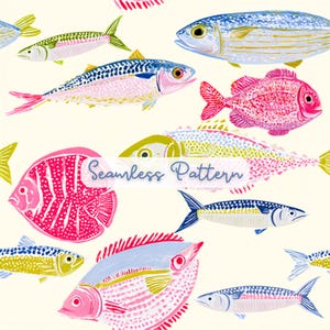May include: A seamless pattern featuring various fish illustrations in shades of pink, blue, yellow, and green on a cream background. The text Seamless Pattern is centered in a white rectangular overlay with blue cursive lettering.