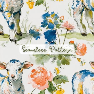 May include: A seamless pattern featuring watercolor illustrations of white lambs with blue and yellow accents, interspersed with vibrant orange and blue flowers and green foliage on a white background, with the text Seamless Pattern.