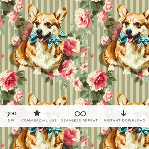 Puede incluir: Un patrón continuo con un perro Corgi marrón y blanco que lleva un pañuelo a cuadros azul y blanco, rodeado de rosas rosadas y hojas verdes sobre un fondo de rayas beige y verdes, con el texto 300 DPI, COMMERCIAL USE, SEAMLESS REPEAT, INSTANT DOWNLOAD.