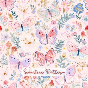 May include: A seamless pattern featuring various butterflies in shades of pink, purple, and blue, interspersed with small flowers, green foliage, and mushrooms on a light pink background. The text Seamless Pattern is centered in white.