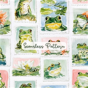 May include: A seamless pattern featuring watercolor illustrations of green frogs in various poses, lily pads, and water lilies, arranged in a grid of postage stamp-like frames with scalloped edges. The text Seamless Pattern is centered.