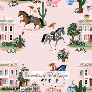 Pode incluir: Um padrão contínuo sobre um fundo rosa claro com ilustrações de pessoas montadas a cavalo, casas cor-de-rosa, catos, bandeiras americanas e flores em vasos. O design repetitivo inclui várias figuras equestres, vegetação e elementos arquitetónicos.