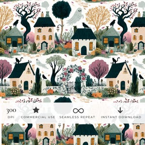 Könnte beinhalten: Ein digitales Muster mit einer sich wiederholenden Szene aus Häusern, Bäumen, Kürbissen, Geistern und schwarzen Katzen. Das Design enthält Textbausteine mit 300 DPI, COMMERCIAL USE, SEAMLESS REPEAT und INSTANT DOWNLOAD am unteren Bildrand.