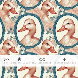 May include: A seamless pattern featuring repeating portraits of ducks in blue oval frames against a background of soft pink flowers. The image includes text: 300 DPI, STAR, COMMERCIAL USE, INFINITY SYMBOL, SEAMLESS REPEAT, DOWN ARROW, INSTANT DOWNLOAD.