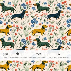 Sömlöst blommönster med vintage-tax – Folkliga wienerhundar med vildblommor och tulpaner för hundälskare - Tyg och presentpapper