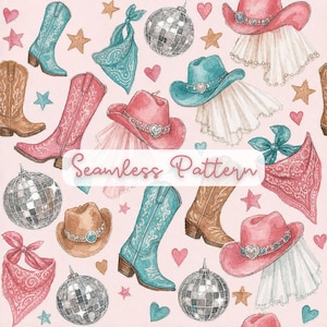 Pode incluir: Um padrão contínuo sobre um fundo rosa claro com ilustrações em aguarela de botas de cowboy turquesa e castanhas, chapéus de cowboy cor-de-rosa e turquesa com véus, bolas de discoteca, bandanas estampadas e pequenas estrelas e corações.