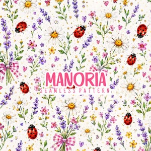 May include: A seamless pattern featuring red ladybugs, white daisies, purple lavender sprigs, and small pink hearts on a white background. The text MANORIA SEAMLESS PATTERN is centered in pink letters over the floral and insect illustration.