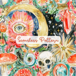 May include: A seamless pattern featuring watercolor illustrations of a crescent moon with a sun-like eye, a human skull, red mushrooms, green snakes, crystals, and stars on a dark background. The text Seamless Pattern is centered in white.