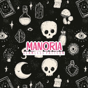 Könnte beinhalten: Ein schwarzer Hintergrund mit einem sich wiederholenden weißen Linienmuster aus Totenköpfen, Pilzen, Kristallen, Zaubertrankflaschen, Mondsicheln, Augen und Kerzen. Der Text MANORIA SEAMLESS PATTERN ist mittig in rosa und weißen Buchstaben platziert.