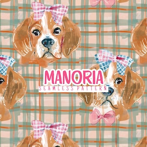 Estampa sem costura de cachorro Beagle – Xadrez Grandmillennial, Laços Rosa (Download Digital)