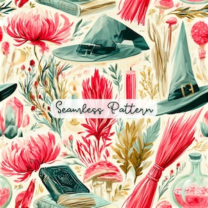 Apothecary Pattern Watercolor, Potion and Spell Book Seamless Digital Paper for Fabric and Crafts