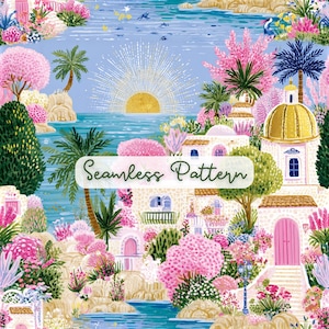 May include: A seamless pattern illustration featuring a coastal landscape with a golden sun, blue water, palm trees, and Mediterranean-style buildings with pink flowers and a gold dome. The text Seamless Pattern is centered in the middle.