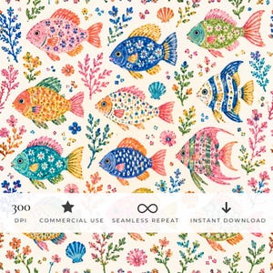 May include: A seamless pattern featuring colorful fish and aquatic plants on a cream background. The design includes text: 300 DPI, COMMERCIAL USE, SEAMLESS REPEAT, INSTANT DOWNLOAD. The fish are decorated with floral and geometric patterns.