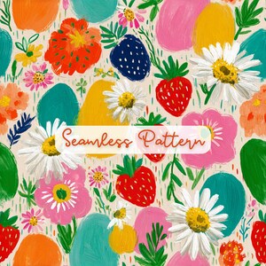 Può includere: Un motivo senza giunture con un'illustrazione vivace di fragole rosse, margherite bianche, fiori rosa e forme piene color ottanio, giallo e arancione su sfondo beige chiaro. Il testo Seamless Pattern è centrato in bianco.