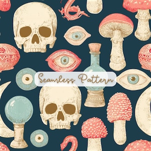 May include: A seamless pattern on a dark blue background featuring illustrations of human skulls, various mushrooms with red and white caps, human eyes, a glass bottle with a cork stopper, a crystal ball on a stand, and crescent moon shapes.