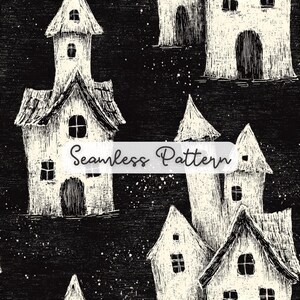 May include: A seamless pattern featuring white hand-drawn illustrations of houses with pointed roofs and arched doorways set against a solid black background with scattered white dots. The text Seamless Pattern is centered in the image.