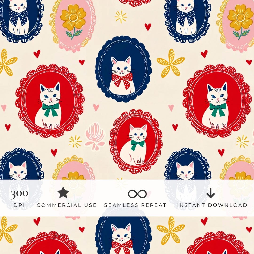 Cat Portrait Seamless Pattern, Vintage Digital Paper, Whimsical Kitten ...