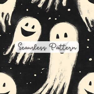 May include: A seamless pattern featuring off-white, hand-drawn style ghosts with simple triangular eyes and wide, smiling mouths set against a solid black background with scattered small white dots. The text Seamless Pattern is overlaid.