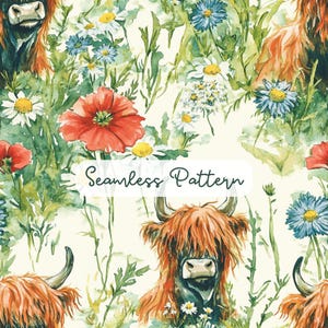 May include: A seamless pattern featuring watercolor illustrations of shaggy Highland cows with long orange fur and curved horns, interspersed with vibrant red poppies, white daisies, and blue cornflowers on a pale cream background.