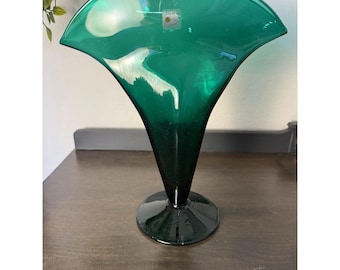 Blenko Handmade Art Glass Fan Vase Emerald Green Vintage Mid Century Modern MCM HTF Original Sticker