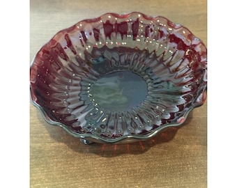 Vintage Anchor Hocking Footed Royal Ruby Red Candy Dish Bowl Ribbed Star 6 3/4in