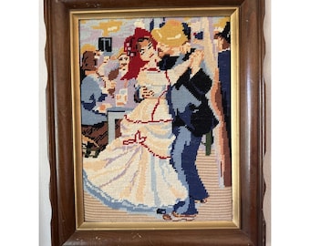 Vintage HTF Framed Renoir Needlepoint Reproduction 18.5 x 15 "Dance At Bougival"