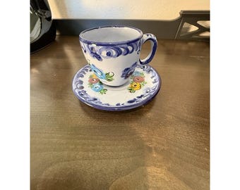 Vintage Handpainted Tea Cup Set Blue Floral