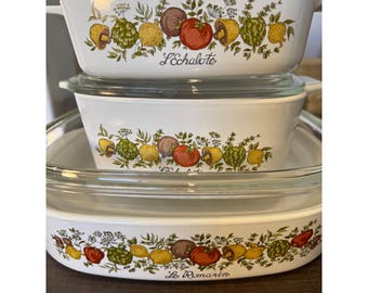 Vintage CorningWare LEchalote & Le Romarin Casserole Dish Set With Glass Lids