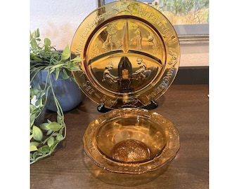 Vintage Tiara Amber Childs Nursey Rhyme Bowl & Plate Set of 2 - 3 Blind Mice -