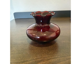 Vintage Ruby Red Art Glass Vase Ruffled Rim  Cranberry Glass 5”