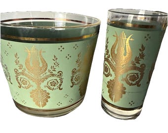 MCM Jeannette Green Gold Lyre Harp 6 High Ball Glasses & ICE BUCKET 7 Pc Vtg Set