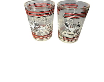 Vintage - MCM Hazel Atlas Double Shot Glass Stage Coach and Horse Barware Set 2