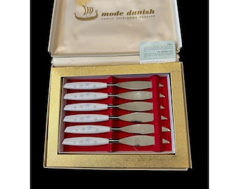 Vtg Sheffield Mode Danish Atomic Starburst Steak Knife Set -6  In Original  Box