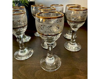 Vintage Gold Rim Etched Cordial Glasses (8) 4 "
