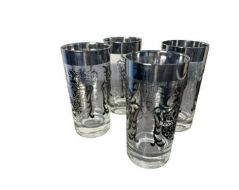 Vintage Kimiko Silver Knight Shield Highball Drinking Glasses Set of 4  Signed