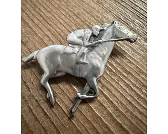 Vintage Horse Racing Pin Brooch Kentucky Derby Jockey Vintage Silver Pewter USA