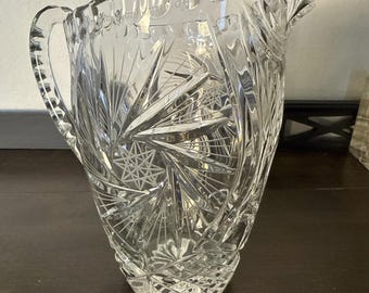 Vintage Cut Crystal Pitcher Hobstar Fan Pattern 7.25” Heavy Lead Crystal