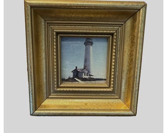 Vintage Framed Lighthouse Coastal Wall Art Gold Frame Nautical Cottage Decor