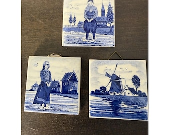 Vintage Lot Of 3 Handpainted DELFT BLUE TILES 2"