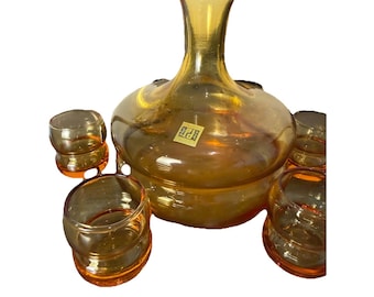 Vintage MCM Peedee Genie Squat Decanter + Cordial Glasses Italy Amber READ