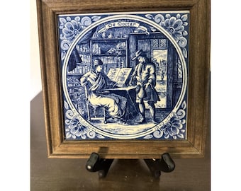 Vtg Delft Blue Hand Painted Dutch Tile Plaque Framed Wall Art "De Doctor"